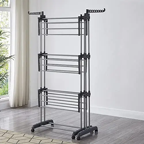 product movable household folding telescopic metal double pole clothes drying rack floor standing towel drying rack-2