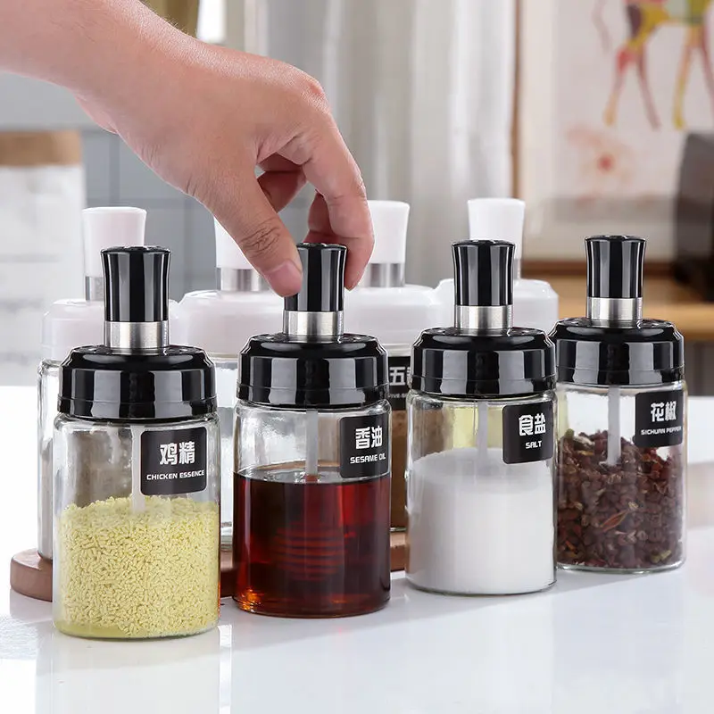 10oz Glass Condiment Jar Storage Container Spice Bottle With Spoon Brush And Honey Dipper Sticks