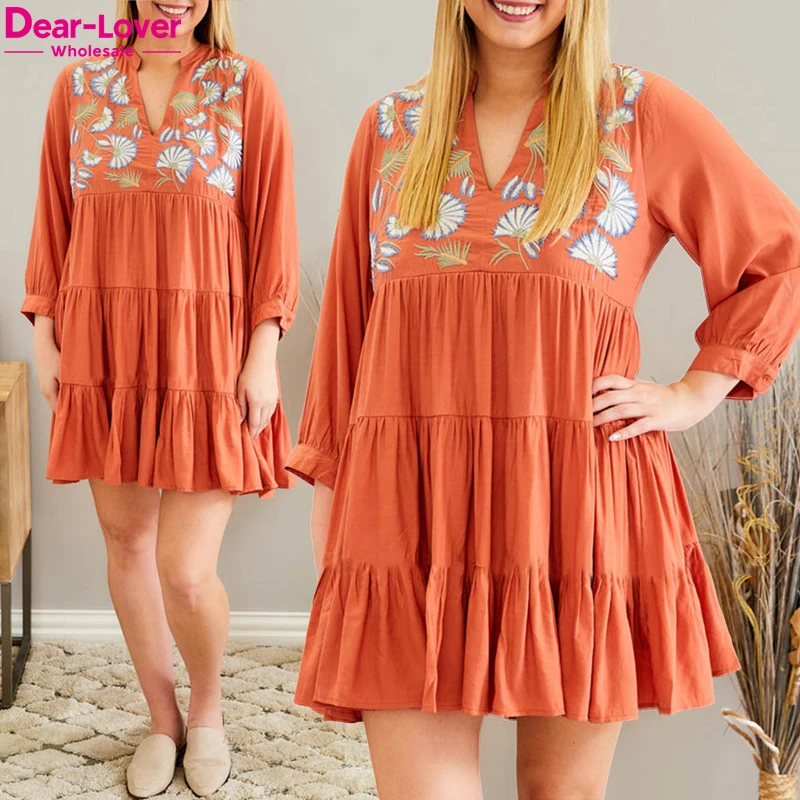 Dear-Lover OEM ODM Custom Logo Private Label Wholesale Plus Size Embroidered Tiered Ruffle Long Sleeve Mini Dress