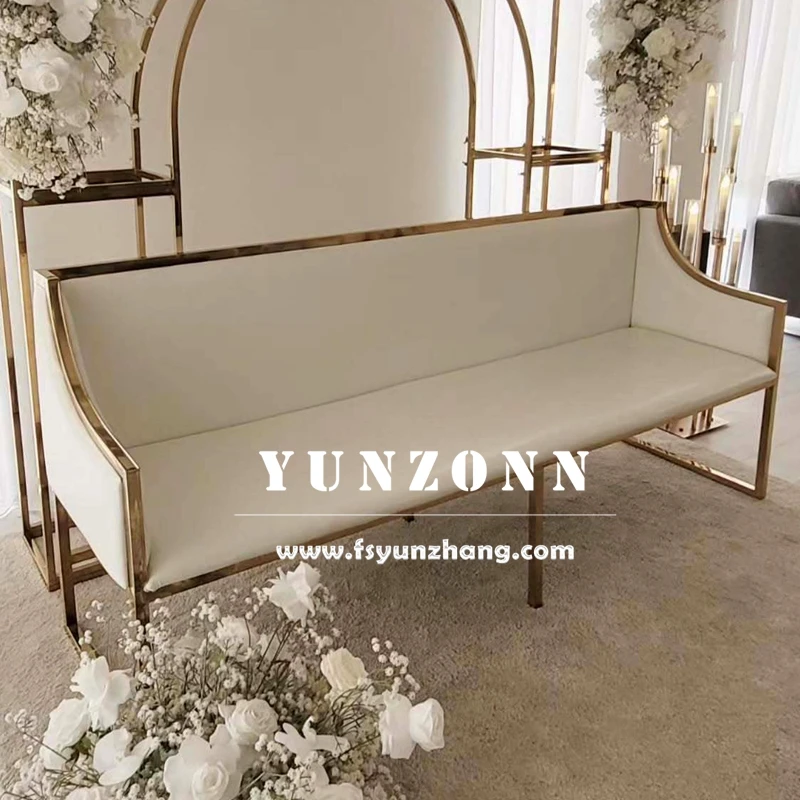 Upholstered Gold Stainless Steel Accented White Leather Wedding Sofa for Rental Event