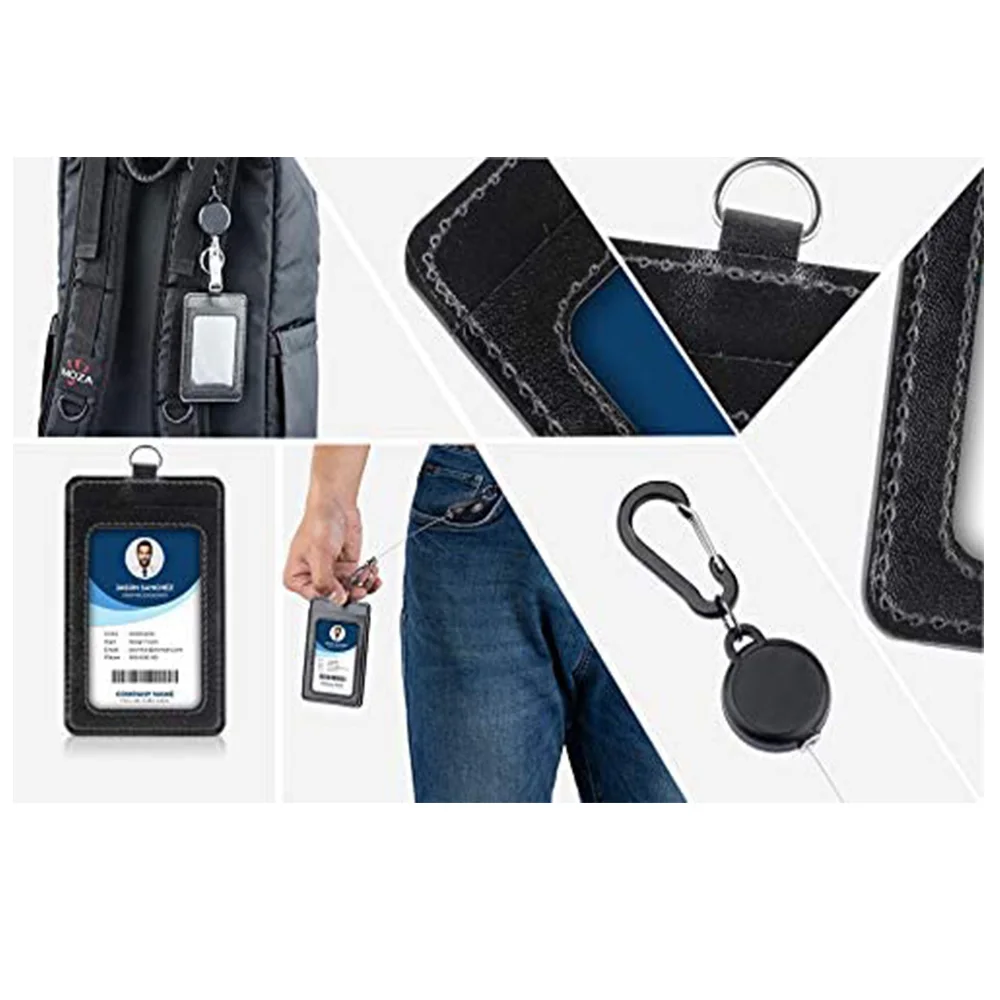 Vertical PU Leather ID Card Holder Heavy Metal Retractable Badge Scroll Card Holder with Neck Lanyard