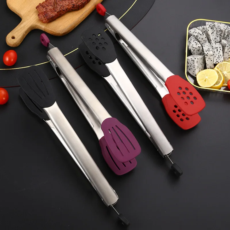 Food Utensils Bread Steak Food Tongs 304 Stainless Steel and Silicone Clamp Baking Clips with Lock