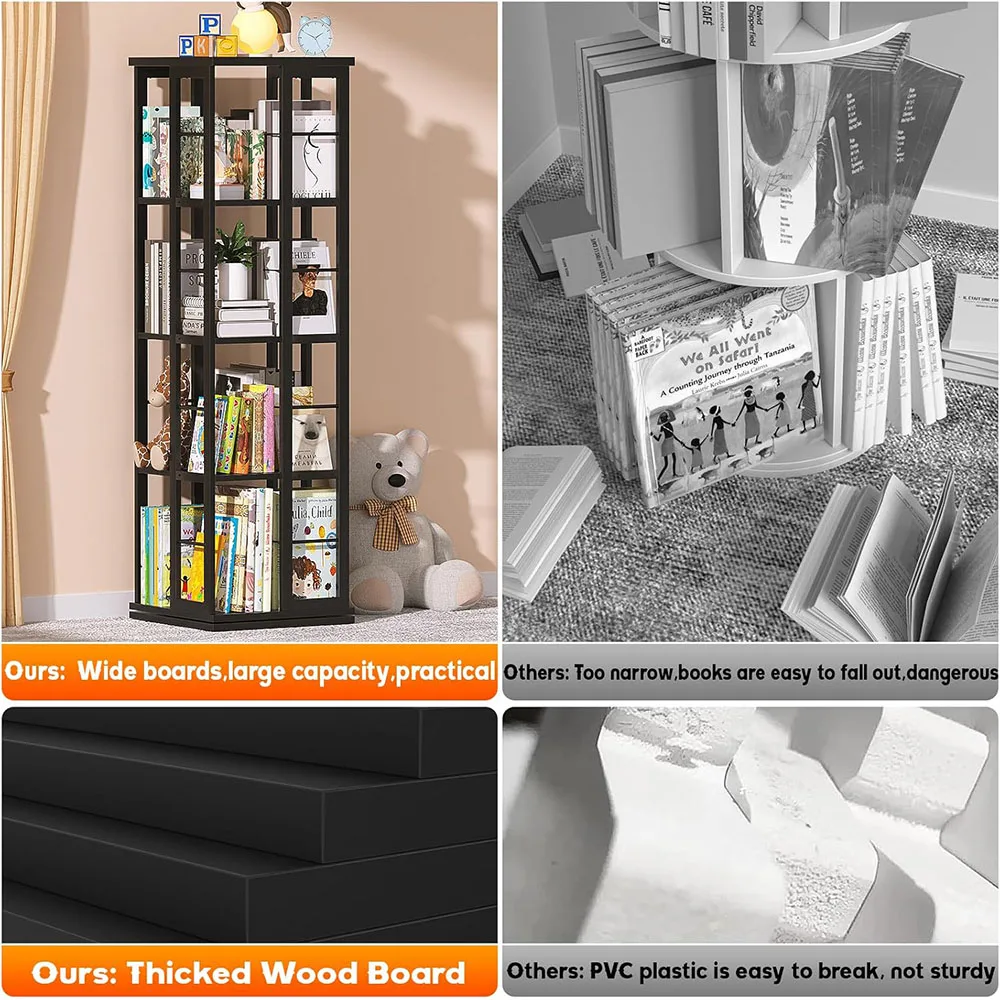 product 360 degree rotating bookshelf wood narrow space revolving organizer storage rack small bedroom floor standing bookcase display-2