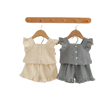 Baby Girl Plaid Clothes Set Casual Ruffle Sleeves T-shirt Top Shorts Girl Simple Set Kid Summer