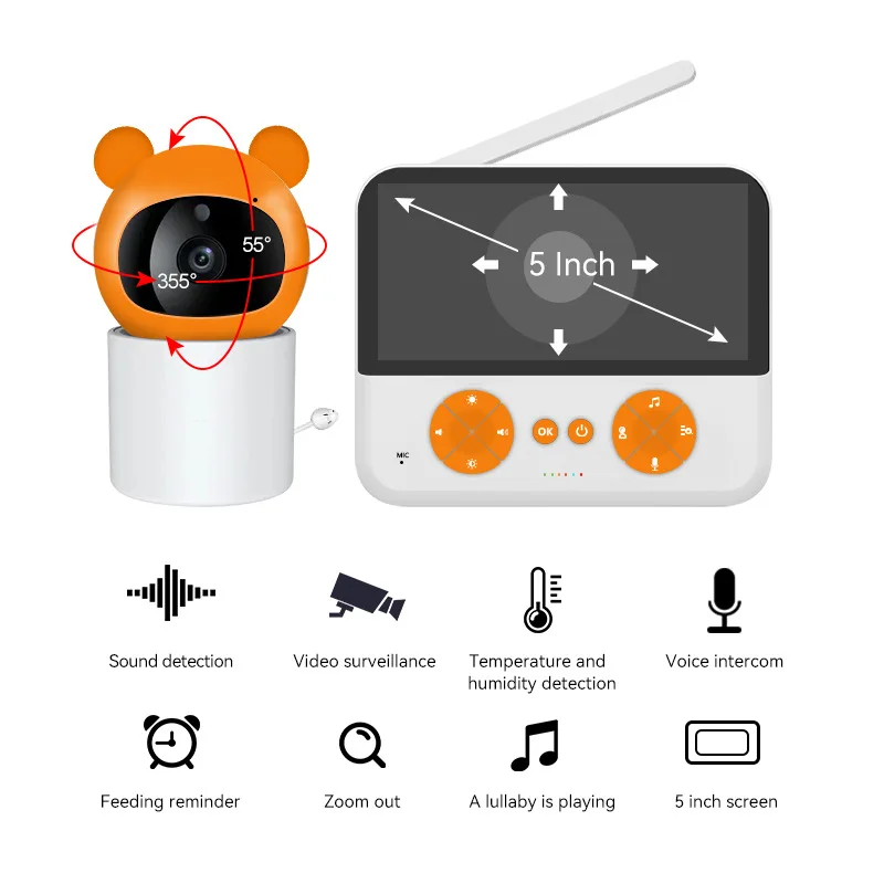 5Inch Screen Night Vision Sound Detection Baby Surveillance Camera Video Monitor andPTZCamera and Audio