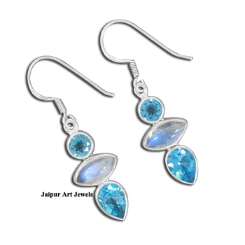 blue topaz & rainbow moonstone gemstone 925 sterling silver handmade manufacturer jewelry unique earring