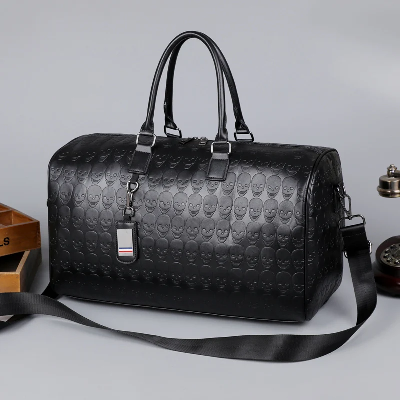 Large Capacity PU Leather Duffle Tote Bag Skull Embossed Print Custom Style Luxury Designer Shoulder Travel Bag Women Men Sport