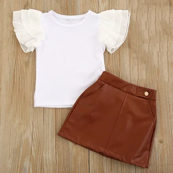 2020 Fashion 2Pcs Toddler Kids Baby Girls Summer Clothes Sets White Short Sleeve Tops PU Leather Skirts Outfits 1-6Y