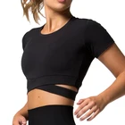 Custom Women Crisscross Waist Wraps Activewear Stretchy Crop Top T Shirt Womens 2021