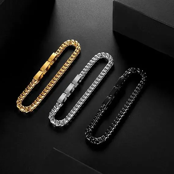 Fashion Jewelry Wholesale 18K Gold Plated Hypoallergenic Stainless Steel Boys Fold Over Clasp Franco Chain Bracelet For Mens