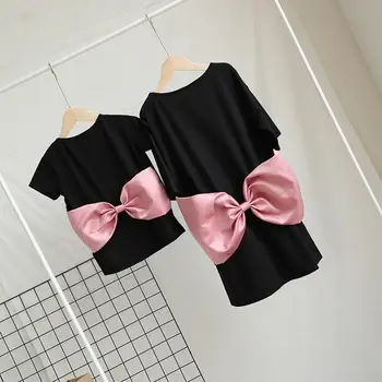 Summer T-Shirt Family Matching Mother Daughter Bow Long Short Sleeve T-Shirt Family Look Cotton Black Bowknot Dresses Clothes