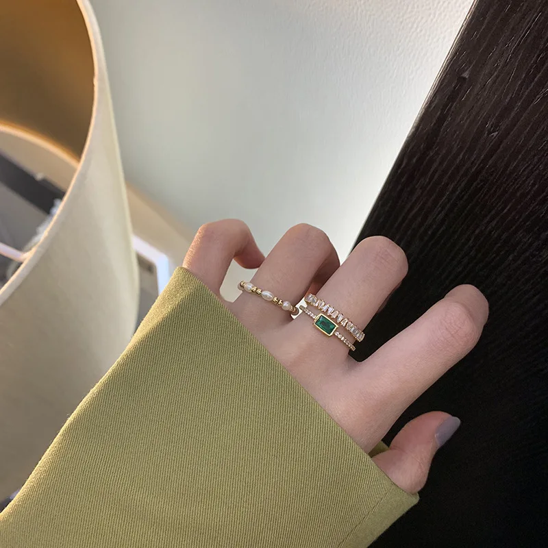 Emerald Geometry  Zircon Gold Plated Opening Adjustable Ring Wedding Gift Jewelry Ring For Women