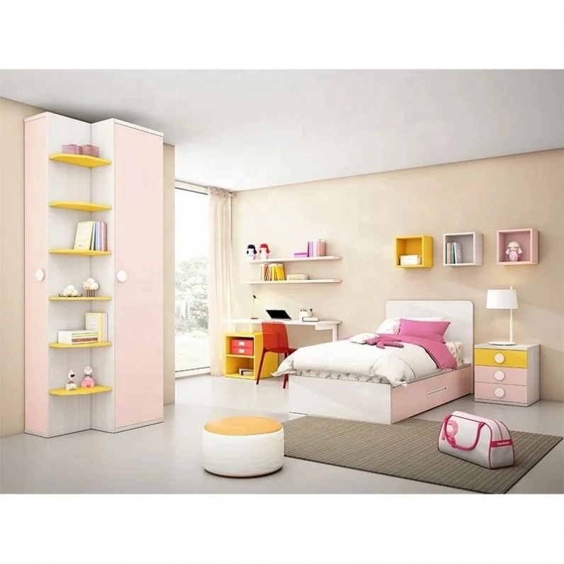 20KAD012 Pink Bedroom Sets For Girls Sleeping Bed Wooden Kids Bed Room Furniture Customize Size Young Children Bed
