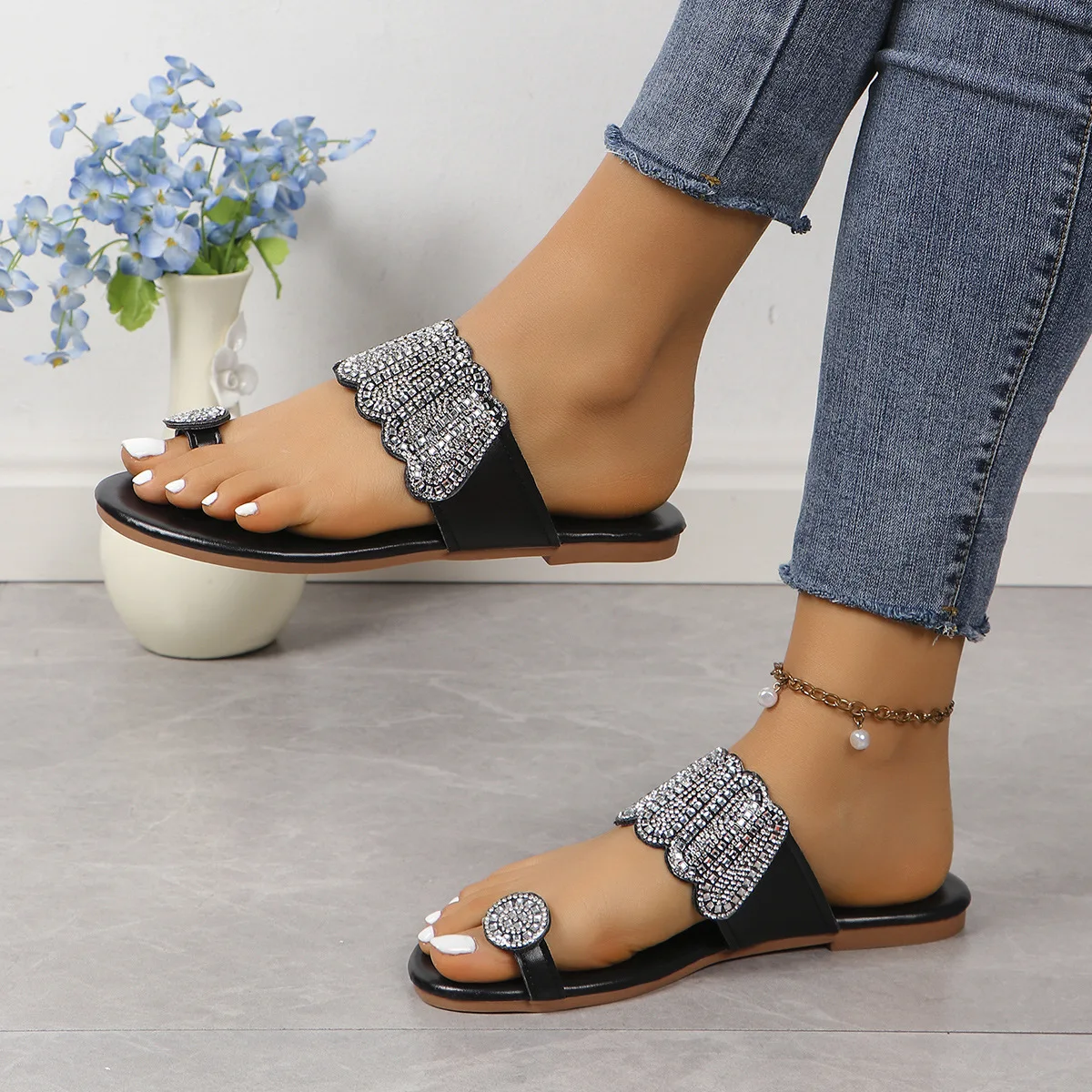 Season new set toe sequin sandals women leisure cross-border large size foreign trade rhinestone slippers