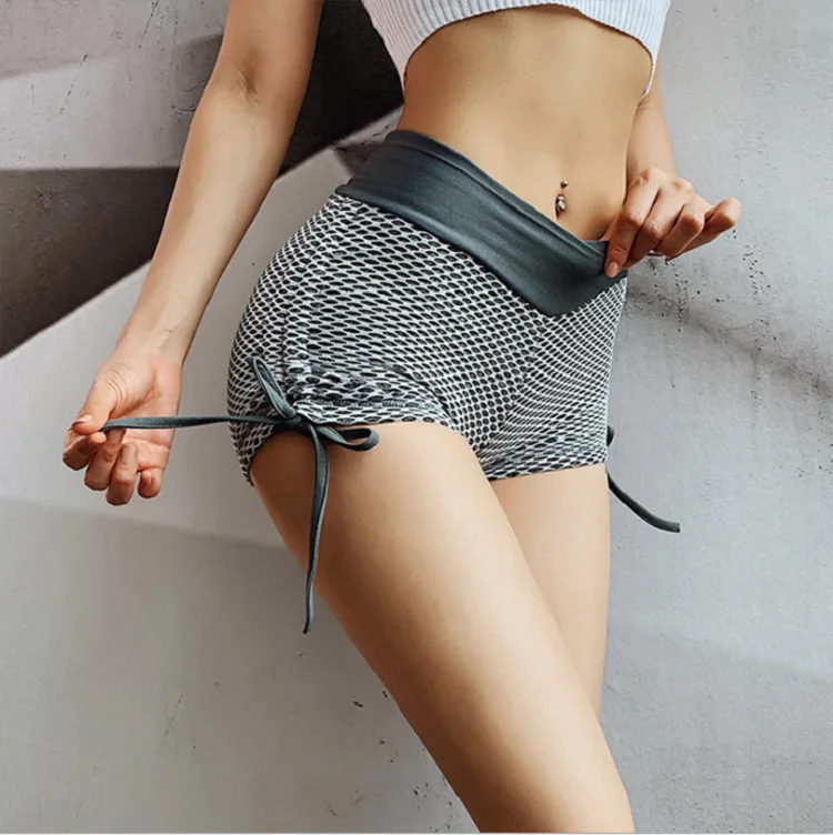 Peach hip pull rope yoga shorts tight fitness sports high waist seamless honeycomb shorts for women