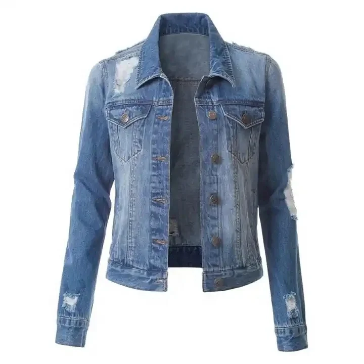 Locachy Women's Casual Denim Jacket Solid Color Basic Long Sleeve Jean Jacket Coat