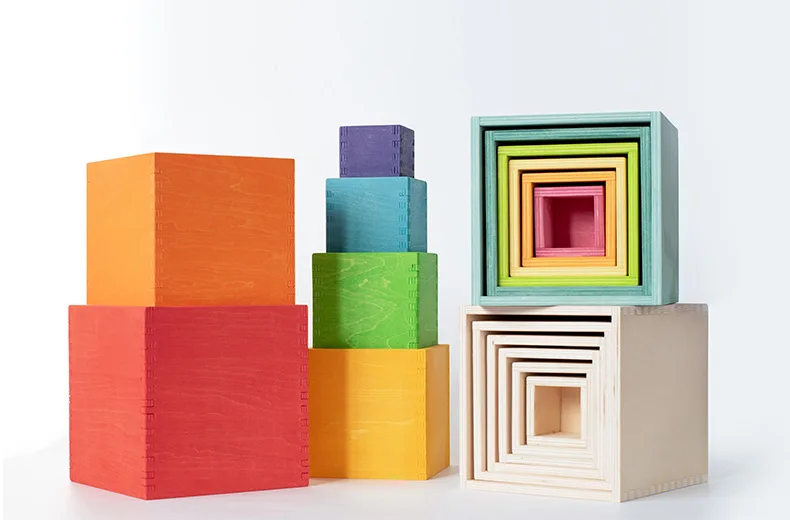 Wholesale Customized Wooden Rainbow Nesting Cubes Storage Stacking Boxes Nesting Building Blocks