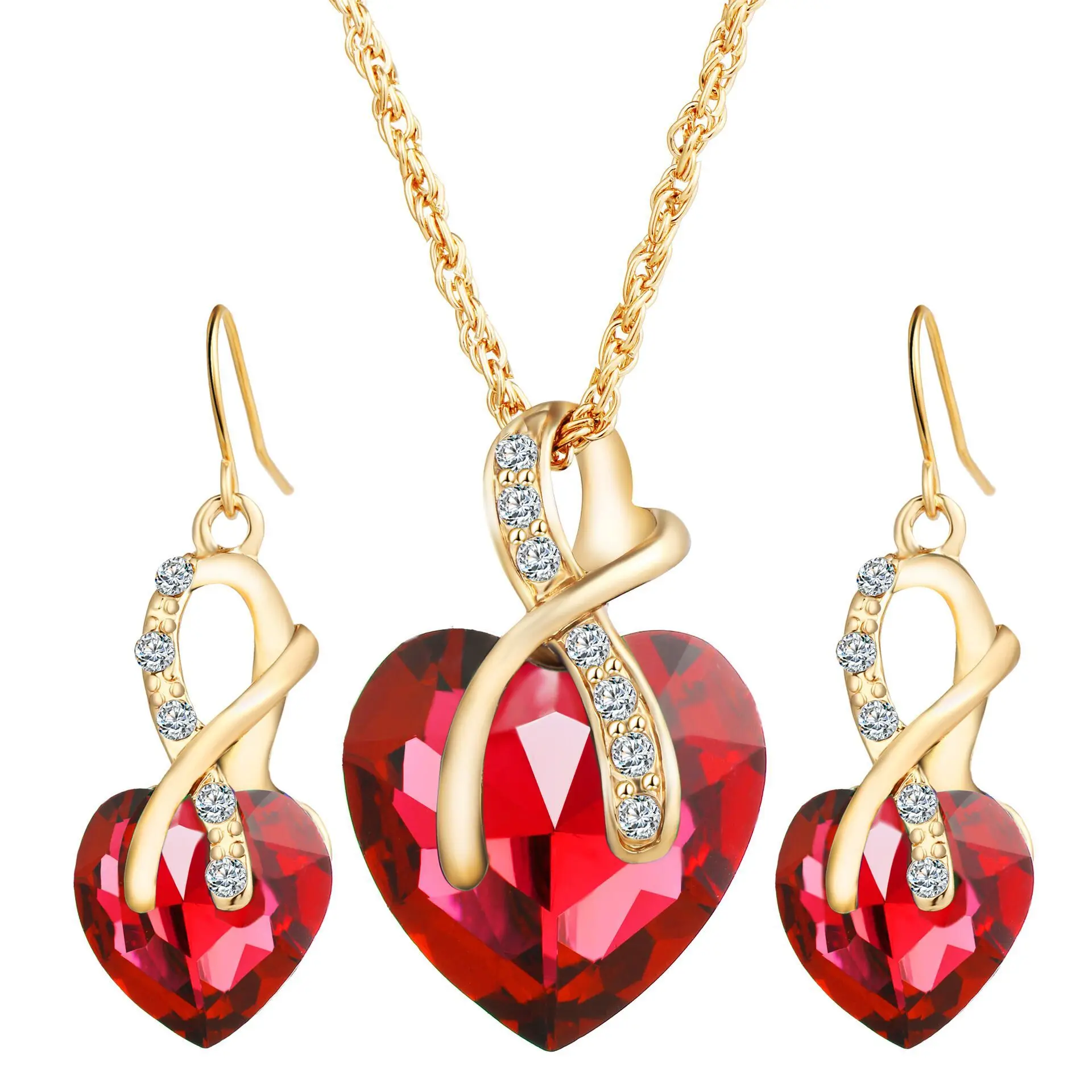 Fashion Classic Red Heart Pendant PU Watch Set Zirconia Earrings Pentagram Bracelet Jewelry Set Women's Holiday Gift