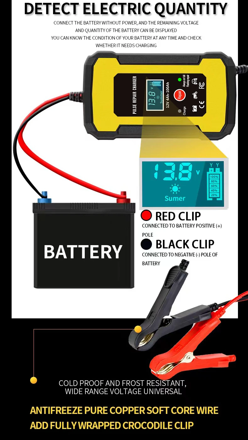 Factory price 12V battery charger 12V 6A automatic pulse repair lead acid gel agm vrla Universal motorcycle car battery charger