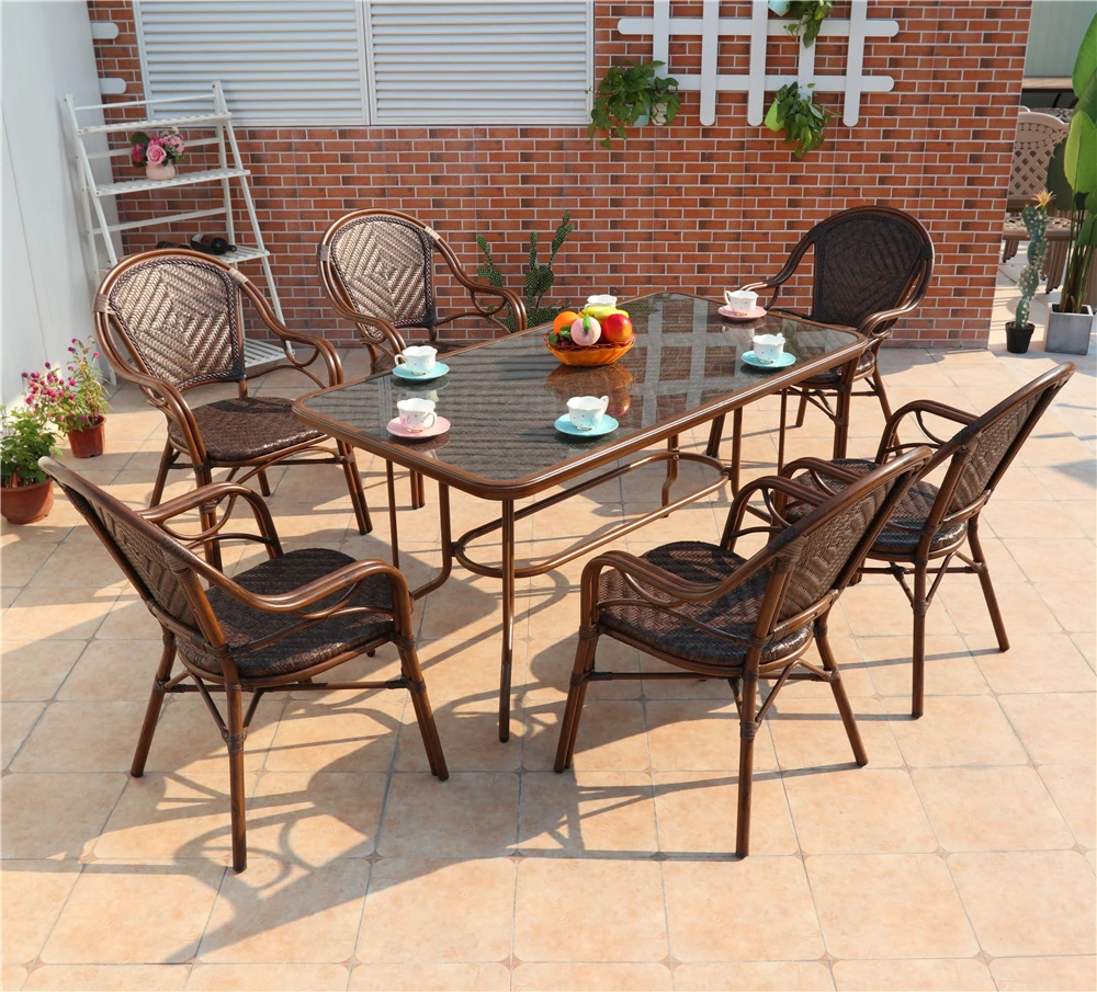 Outdoor aluminum rattan chair terrace cafe restaurant chair  wicker furniture set antique cane