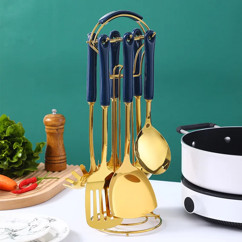 Rose Gold Luxury Colorful Marble Handle 7 pieces Stainless Steel Kitchen Utensils Set Kitchen Cooking Utensils Tools