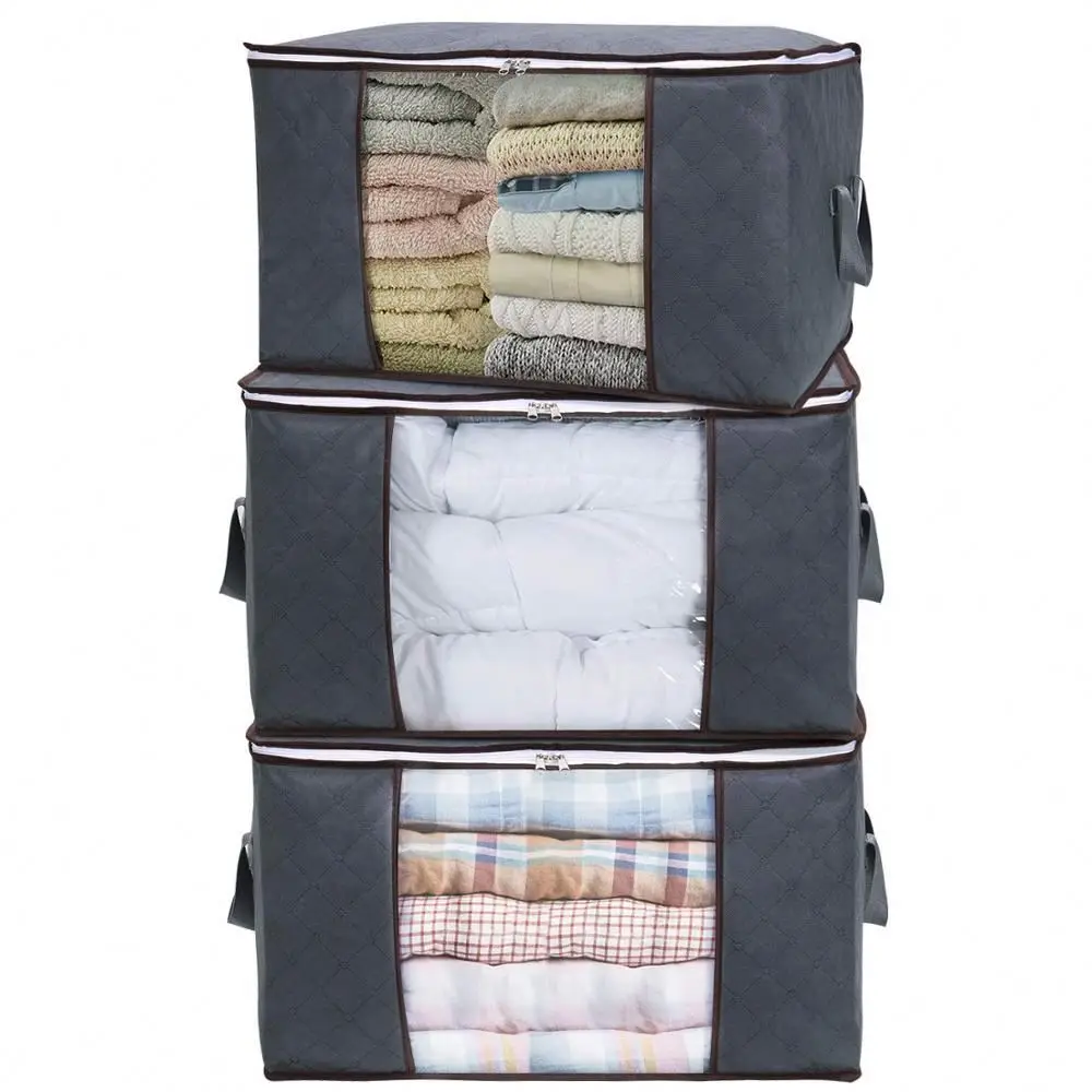 Breathable Wardrobe Organizer with Handle and Clear Window for Comforter Blanket Clothes Storage Bags Grey 3 Pcs Foldable OEM