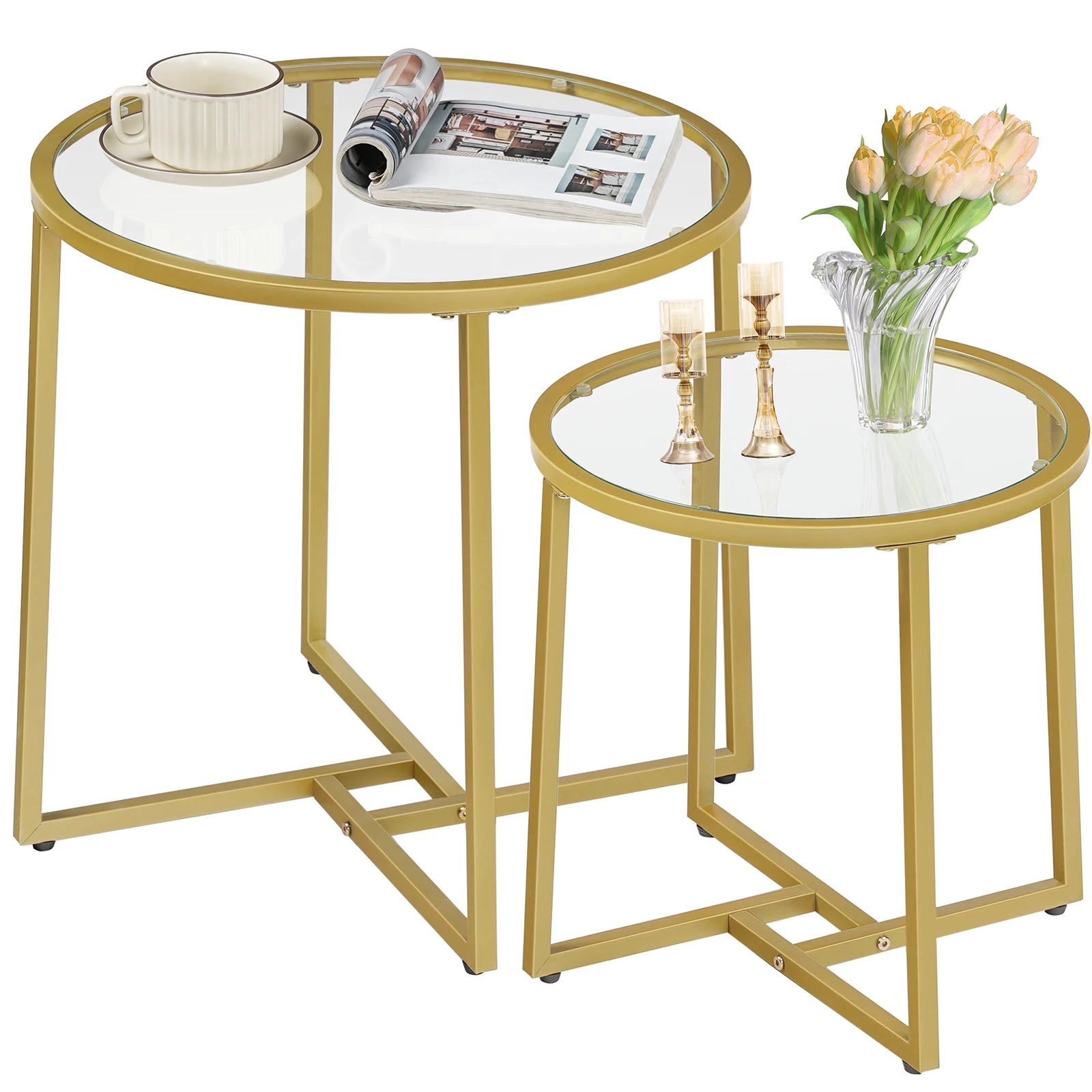 Wholesale Living Room Modern Round Nesting Glass Gold Coffee Table Set of 2 Center Table Stacking Side End Table with Storage