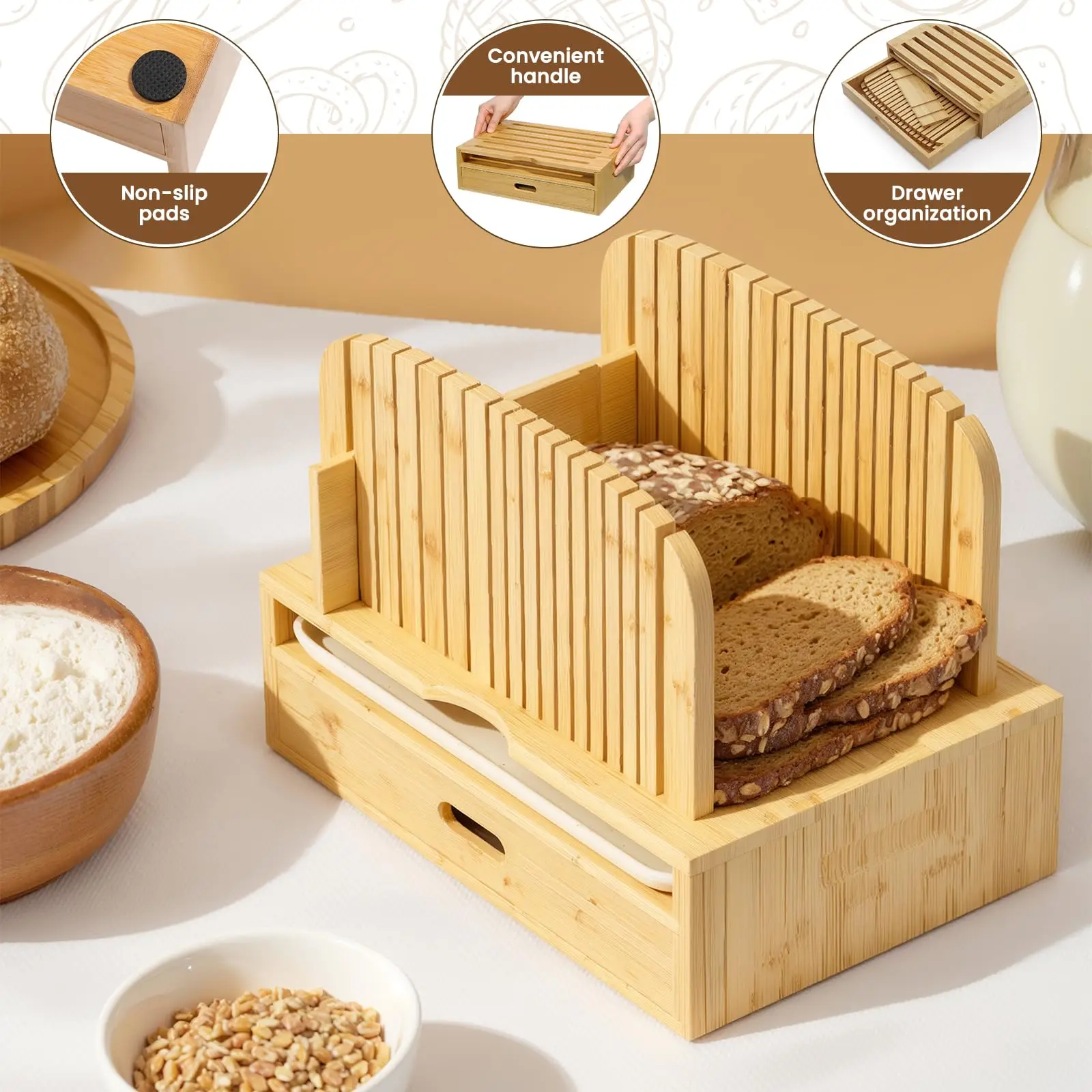 product bamboo bread slicer for homemade loaf foldable bread cutter with crumb tray storage drawer for bakery wholesale-6