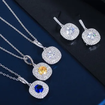 Luxury Women White Gold Plated Square zircon Earring Necklace Bridal Cubic Zircon Jewelry Set