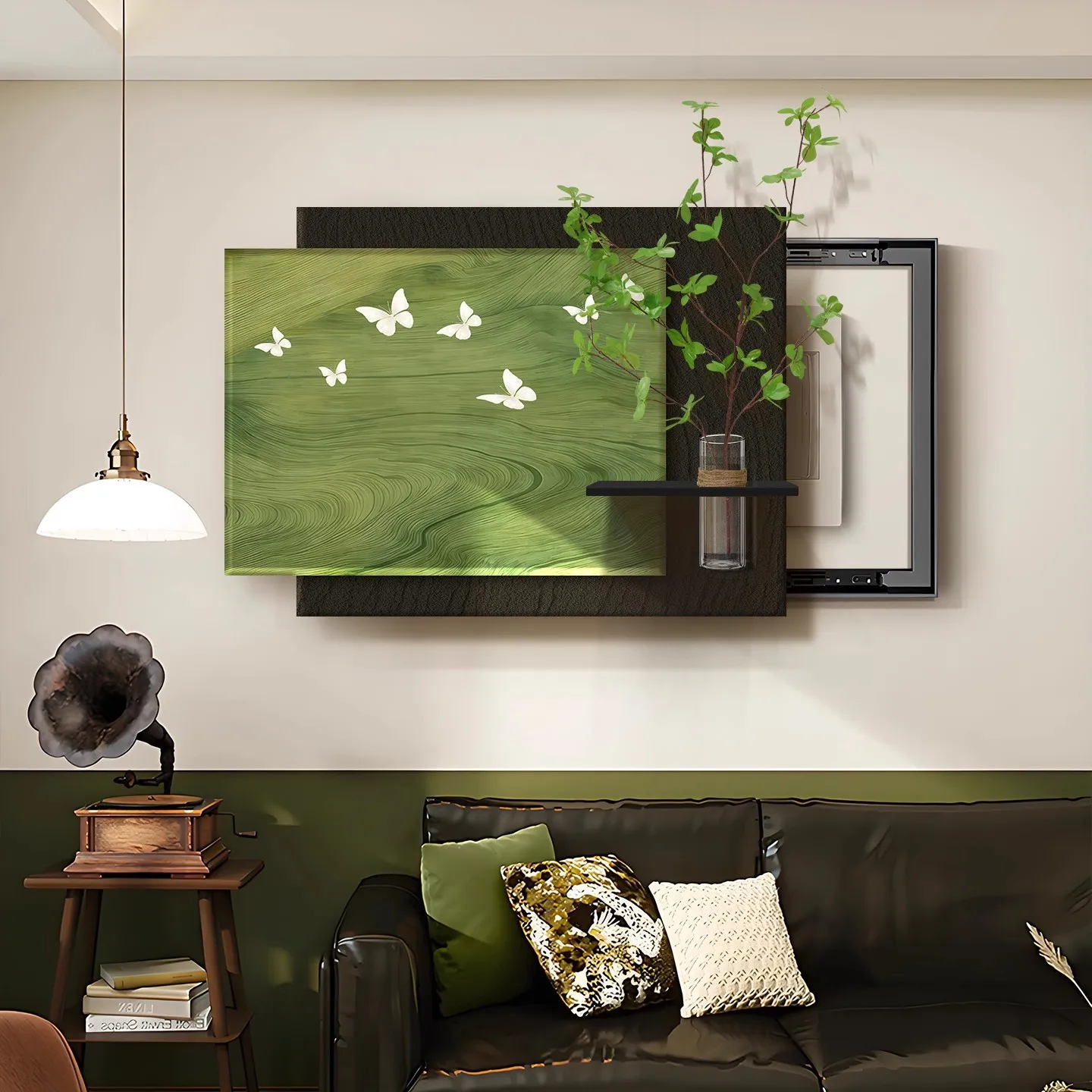 Green White Butterfly Wall Art Canvas Print Textured Wood Effect 3D Plant Shelf Minimalist Nature Home Decor Living Room