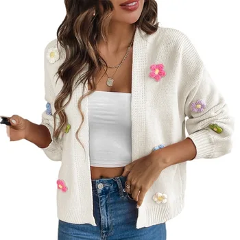 Women's Sweet Flower Embroidered Silk Knitted Cardigan Sweater Coat Casual Loose Fit for Autumn with Button Decoration