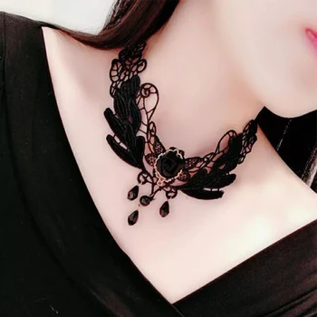 Retro Black Lace Vampire Choker Charm Necklace Decoration Women Black Lace Beads Choker Collar Necklace