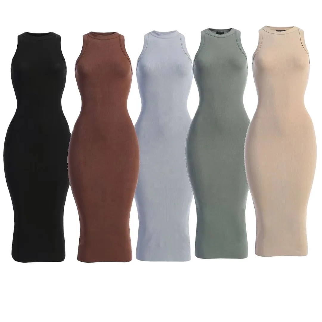 Customizable wholesale logo trend rib sexy tight long pencil skirt sleeveless tight dress