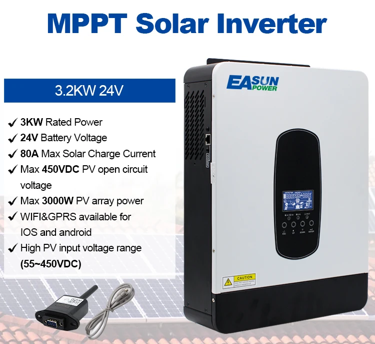 Easun Power Dc 12v Ac 2kw Mppt 80a 24v 3kw Pv Input 450vdc 3kva 3000w