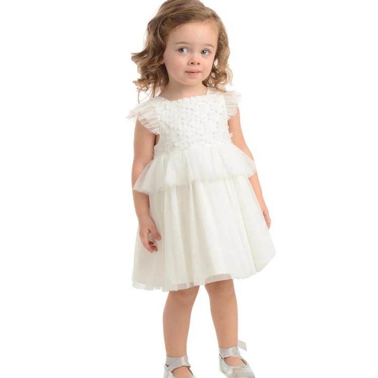 Custom fashion boutique princess white color cute baby girl birthday party dresses little girl tulle bubble kids clothing dress