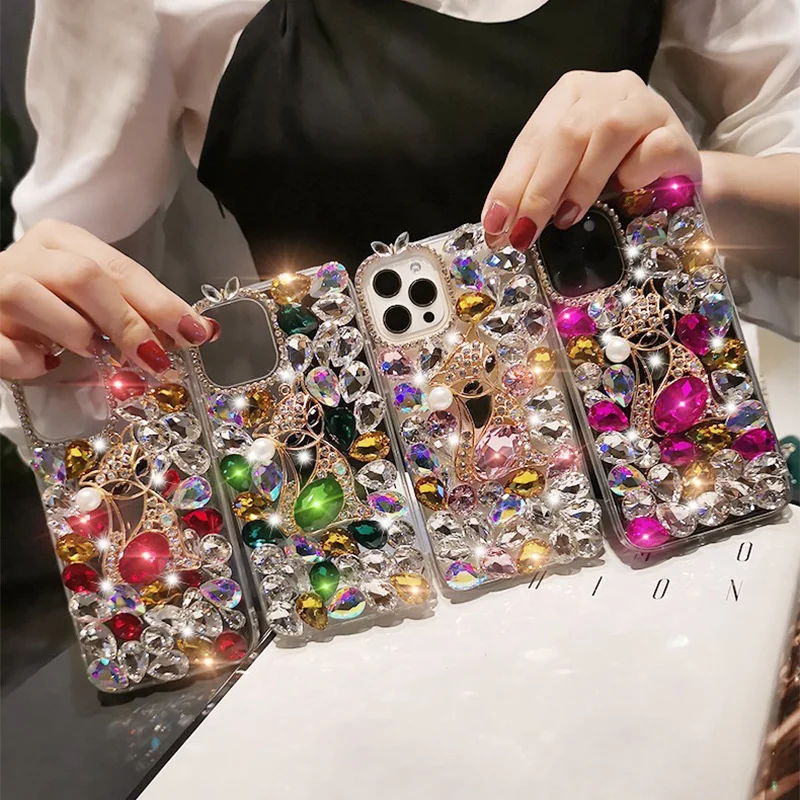 Luxury Rhinestone Case Phone Shell For iPhone 15 Pro Max Glitter Women Girl Bling Diamond Phone Cover For Samsung Note20 A73 A54