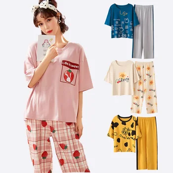 Comfortable women's sleepwear korea style two pieces sets pajamas nightwear ladies home wear cotton pajamas