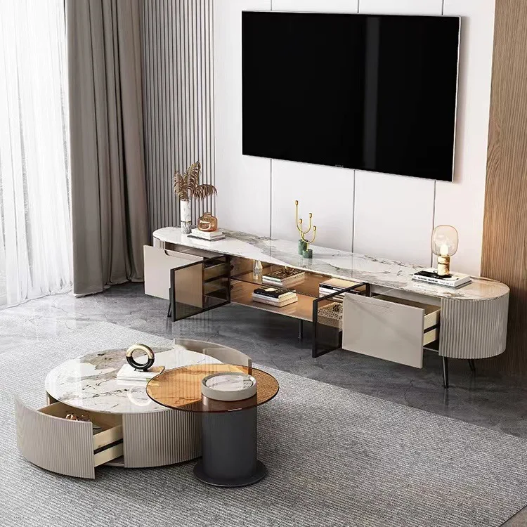 Living Room Furniture Modern Design Marble Center Table Tv Cabinet Set Rock Slab  TV Stand Side Cabinet Round Center Table Set