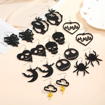 Hot Style Funny Halloween Decoration Fashion Personality Exaggerated Black Acrylic Skull Spider Jewelry Earrings Trendy