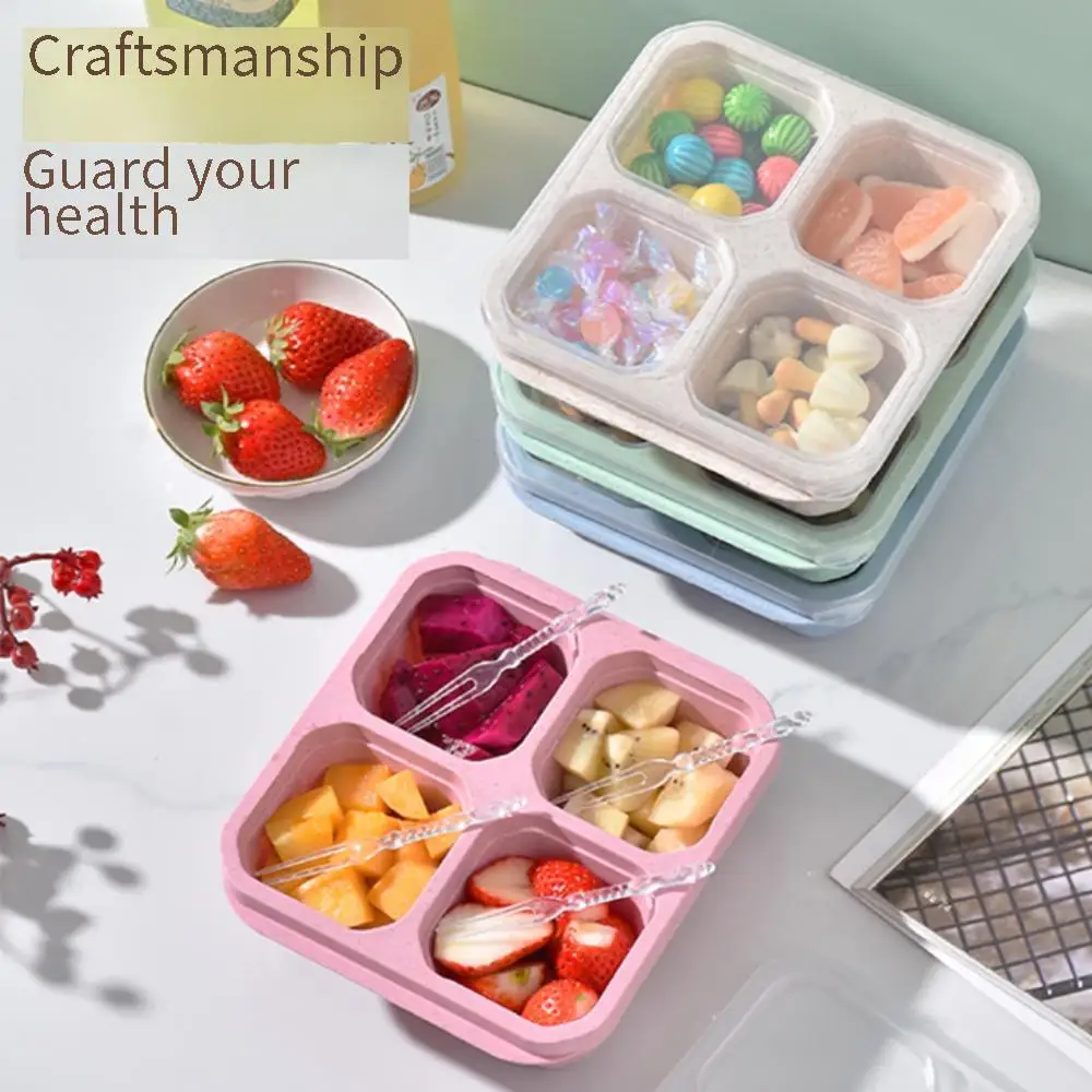 Wheat Food Box, Snack Box, 4 Grid Transparent Cover, Snack Plate, Dried Fruit Box, Cooking Tea, Lunch Box, Fresh Snack Plate