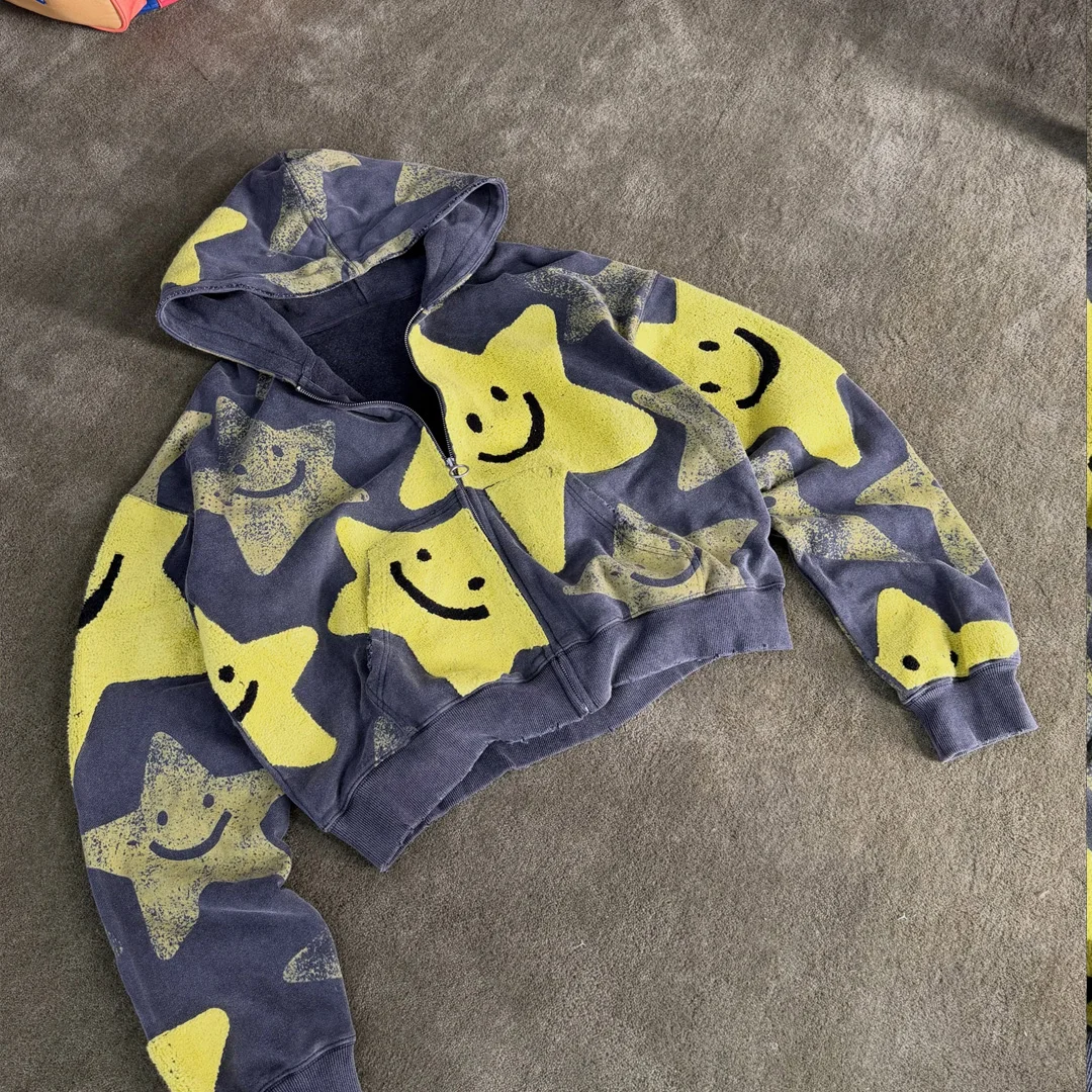 product odm 100 cotton eco friendly breathable dark grey for star print regular zip up hoodie men streetwear wholesale-2