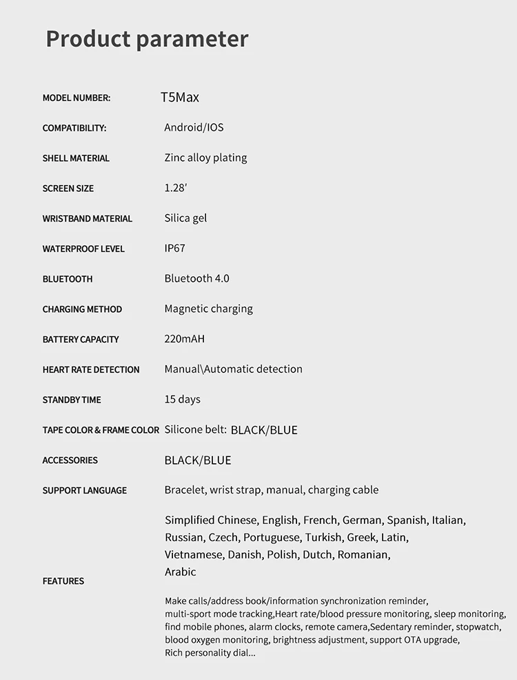 Wholesale Electronic Watch T5 Max 1.28inch Waterproof Smart Bracelet Bt