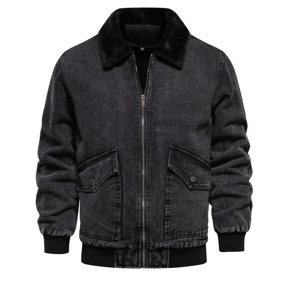 Autumn and Winter New Men's Windproof Fleece-lined Denim Jacket European Size Cross-border Casual Quality Washed Top details