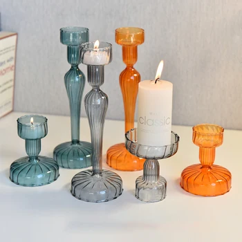 56H Factory Wholesale European Decoration Striped Clear Glass Candle Holder Colourful Candle Holder