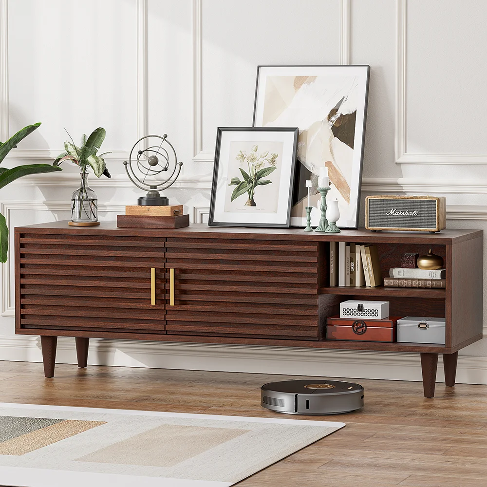Home Mid-Century Modern Brown TV Stand Wood TV Console Drawer Sliding Door for Dining Living Room Media Entertainment Center details