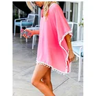 Swimwear 2020 Women's Pom Pom Trim Kaftan Chiffon Swimwear Beach Cover Up Beach Dress For Swim
