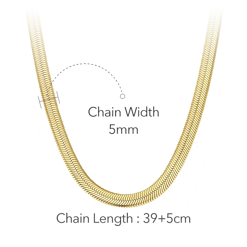 18K Gold Plated Stainless Steel Jewelry Snake Smooth Flat Herringbone Chain Width 5MM 7MM Accessories Necklaces P193045