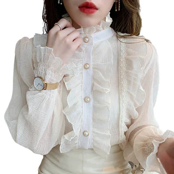 High Quality Autumn New Stylish Long Sleeve Blouse Women Casual Loose White Custom Tops Korean Lace Ruffle Elegant Chiffon Shirt