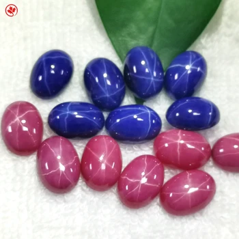 Redleaf Jewelry Rose and blue cabochon Oval shape synthetic asterism star light sapphire stone Ruby