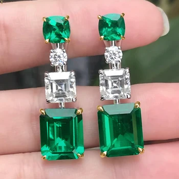 CAOSHI Vintage Emerald Gemstone Zircon Earrings Noble Green Rectangle Silver Dangle Earrings Women